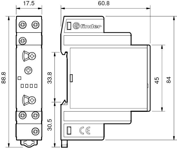 Ein Diagramm zeigt die Maße eines elektrischen Geräts in Millimetern: Höhe 88,8, Breite 17,5, Tiefe 60,8. Hersteller 'Finder'.