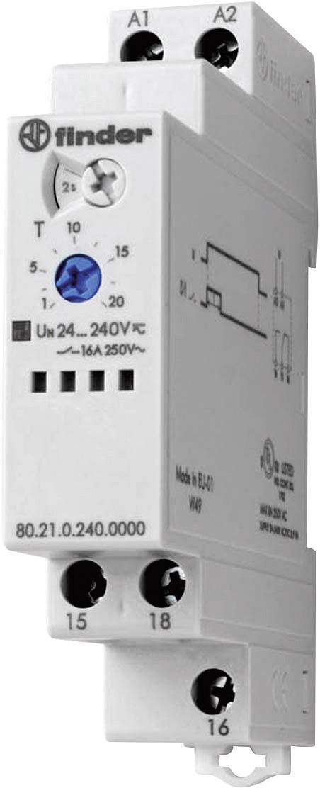 Ein elektronischer Zeitrelais von 'Finder', Modell 80.21, besitzt Anschlussklemmen und eine einstellbare Zeit von 1 bis 60 Minuten.