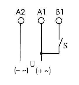 Schaltplan zeigt drei Anschlüsse A2, A1 und B1. A1 mit B1 verbunden über Schalter 'S'. Spannung U angegeben zwischen A2 und A1.