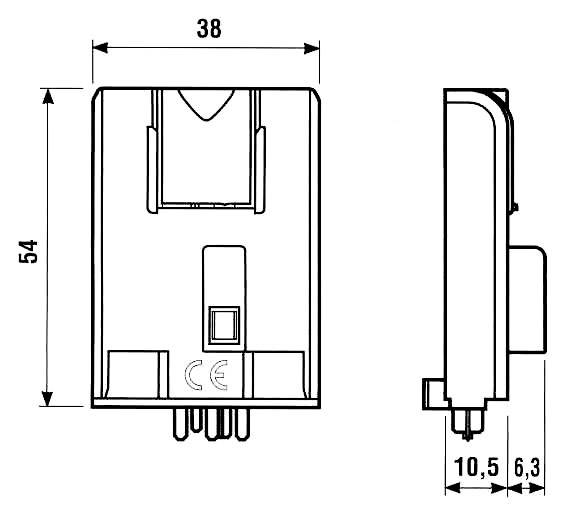 Diagramm einer elektrischen Komponente mit Maßen: Breite 38 mm, Höhe 54 mm, Tiefe 10,5 mm und 6,3 mm. Seiten- und Vorderansicht gezeigt.