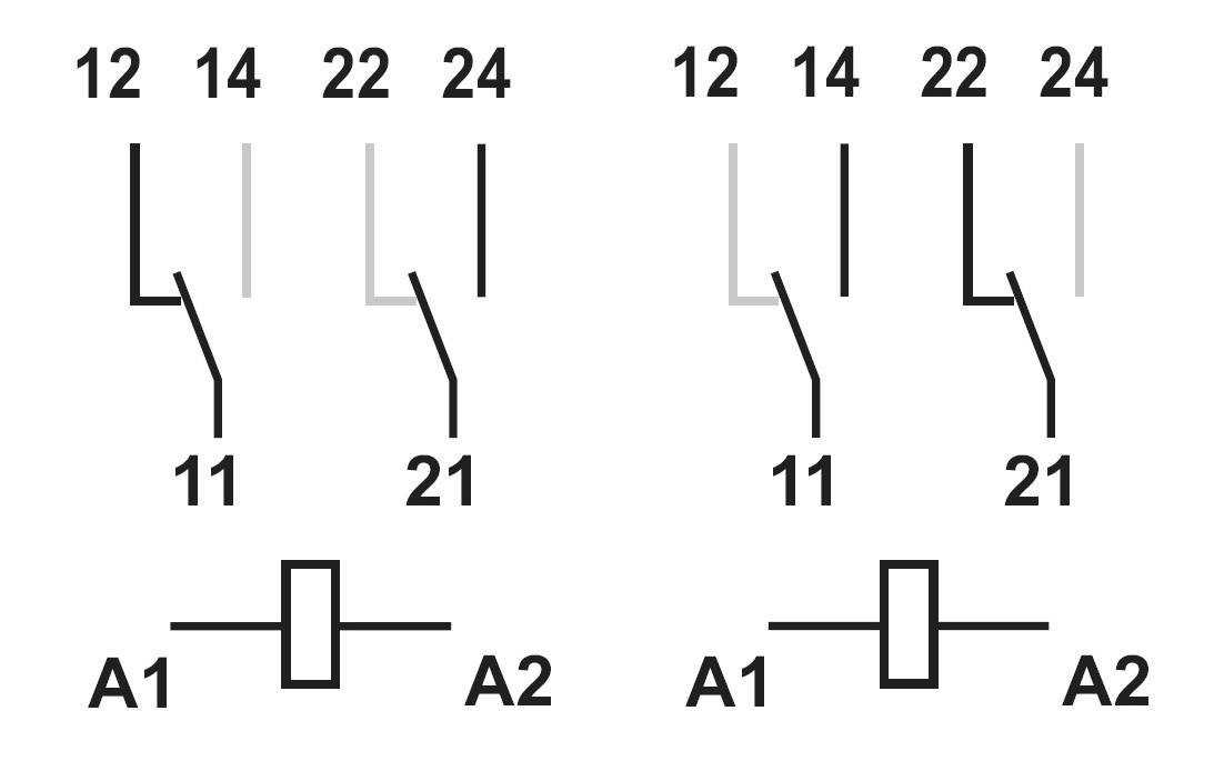 Ein Schaltplan zeigt zwei identische Schaltkreise mit jeweils zwei Schaltern (12/14, 22/24) und Kontakten (11/21) in Reihenfolge.