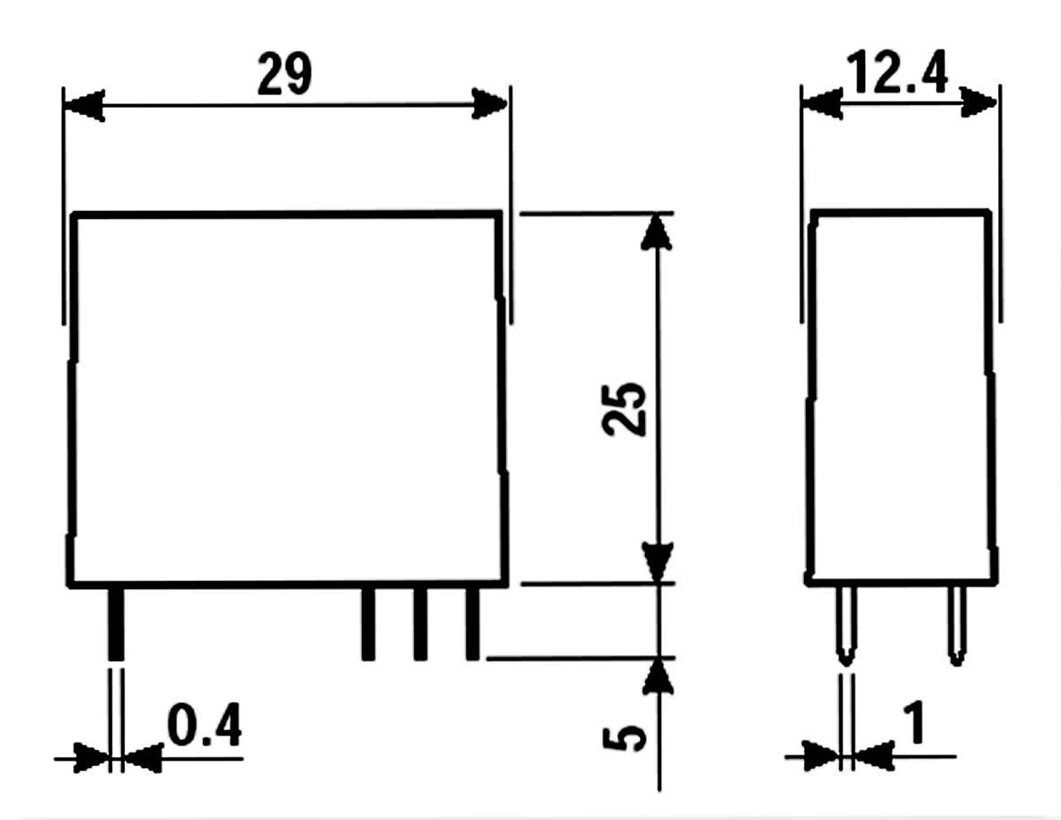 Elektronisches Bauteil mit Maßen: Breite 29 mm, Höhe 25 mm, Tiefe 12,4 mm. Verbindungspins an der Unterseite.