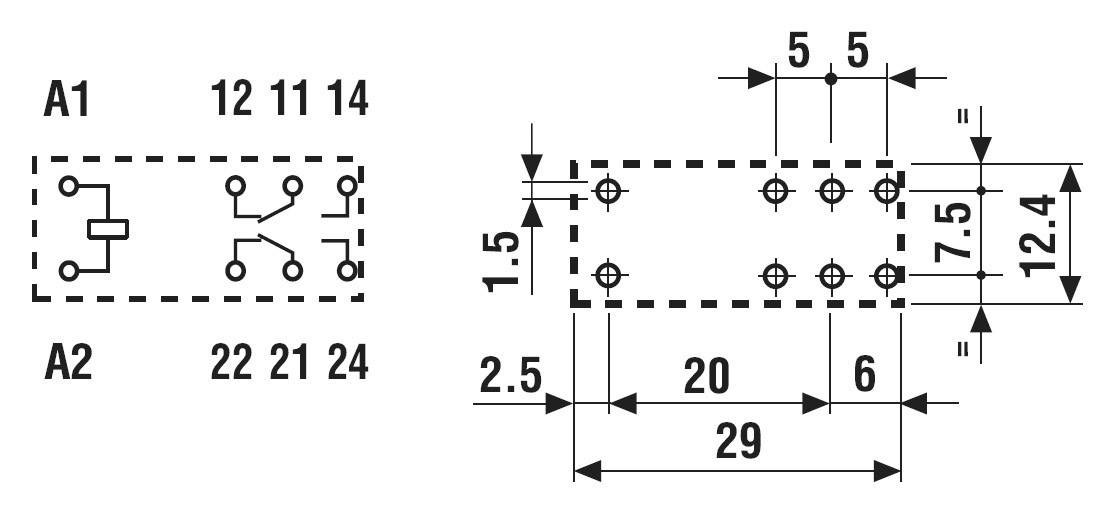 Diagramm eines elektrischen Steckers mit Kontaktbelegungen und Maßangaben in Millimetern. Die Kontakte sind als A1, A2, 12, 14, 22, 24 gekennzeichnet.