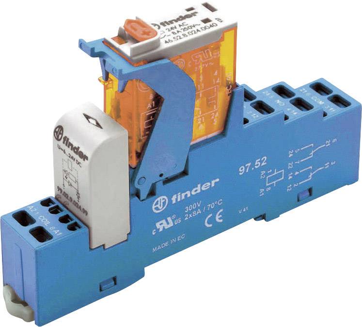 Ein blaues industrielles Relais der Marke Finder mit transparentem Gehäuse, montiert auf einer Hutschiene.