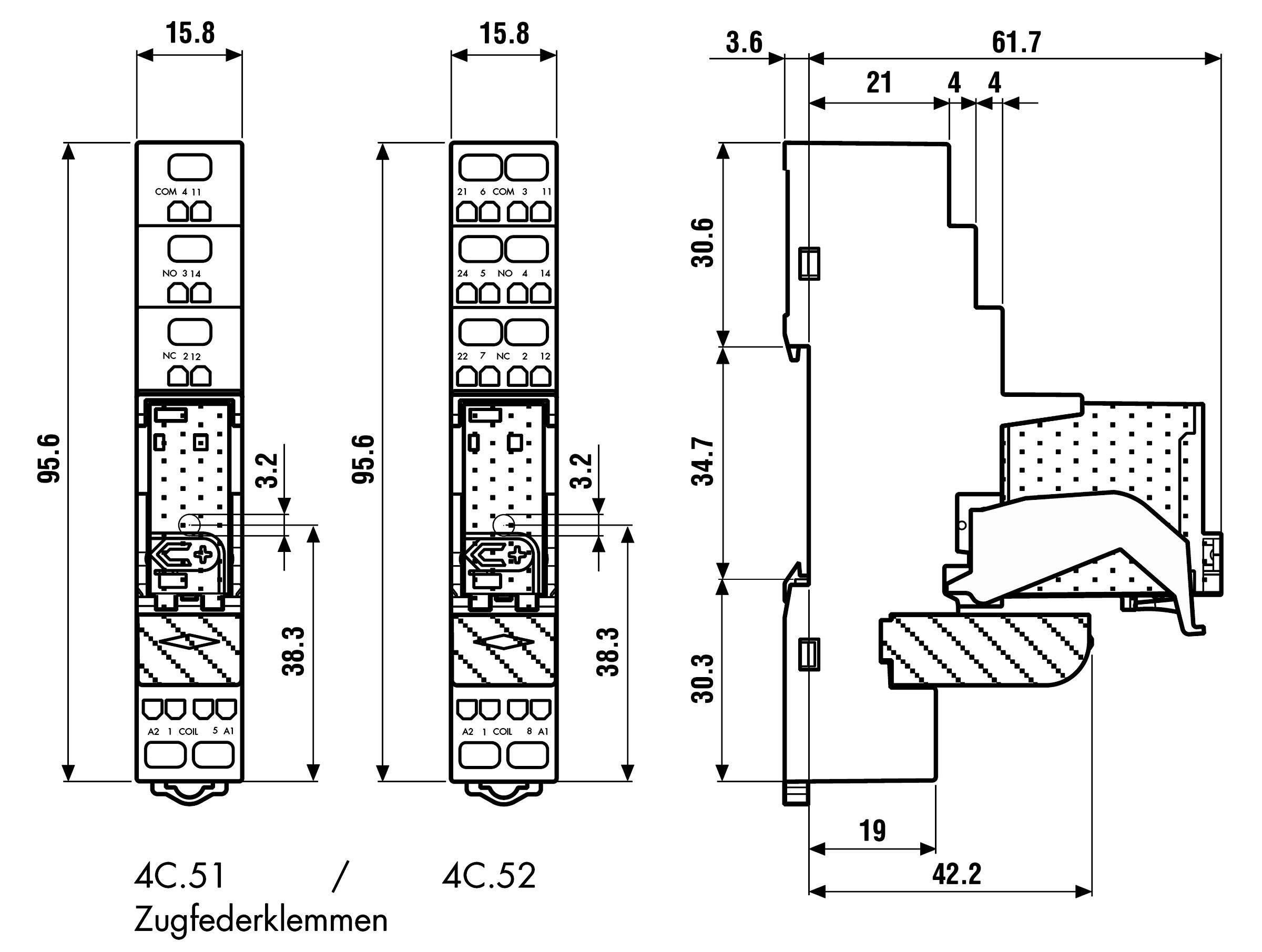 Technische Zeichnung von zwei elektrischen Klemmen, 4C.51 und 4C.52, mit Abmessungen in mm und einem detaillierten Seitenprofil.