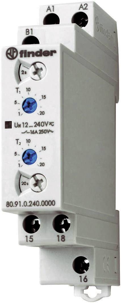 Elektrisches Zeitrelais in Gehäuseform, zeigt Einstellknöpfe für Zeitverzögerung und Spannung, geeignet für Spannungen von 12 bis 240 V.