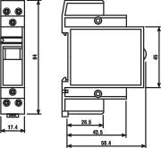 Technische Zeichnung eines elektrischen Schalters mit Maßangaben: Breite 17,4 mm, Höhe 84 mm, Tiefe 63,4 mm. Oberfläche oben.