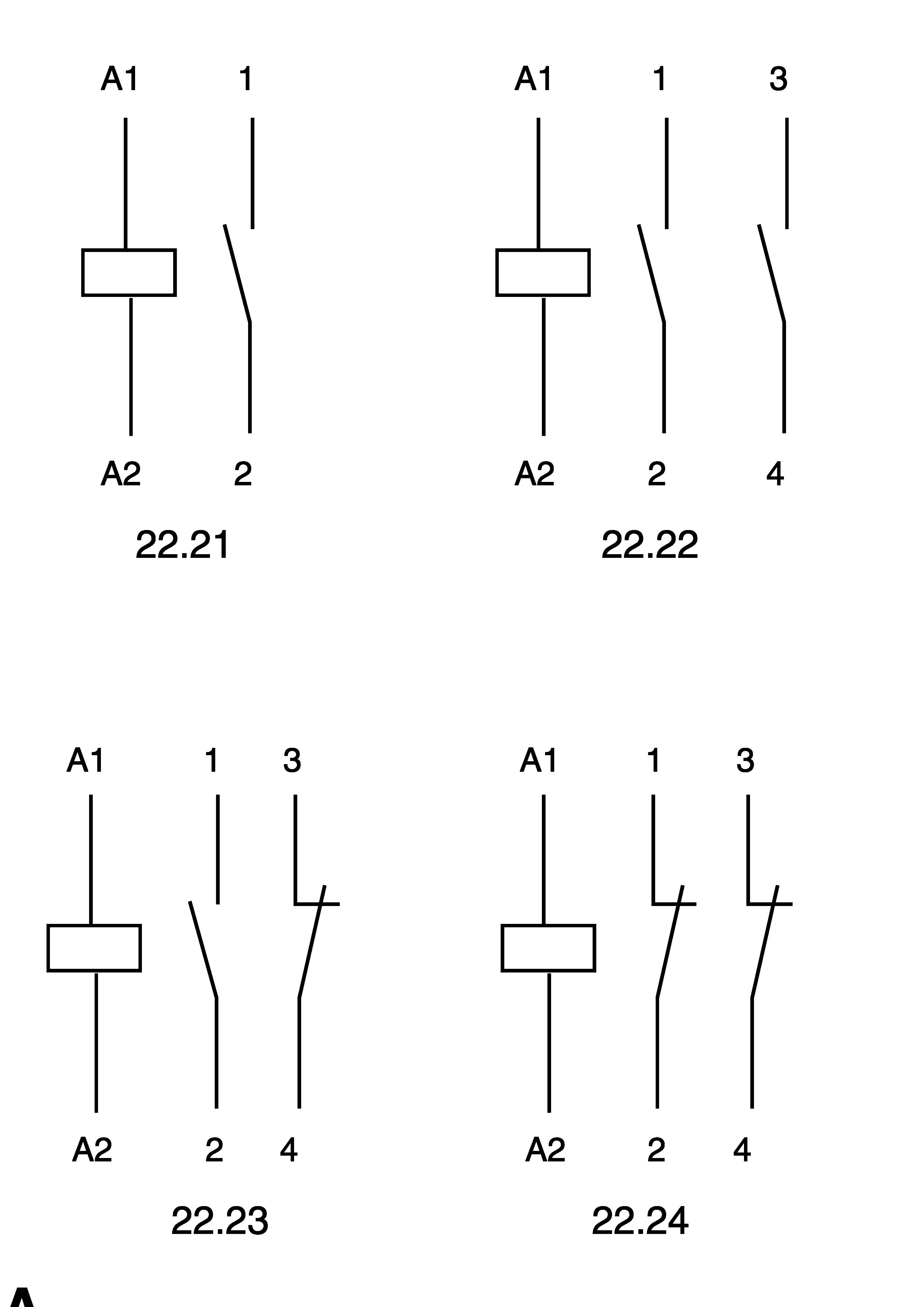 Vier Schaltsymbole, jeweils mit zwei Anschlüssen (A1, A2) und nummerierten Kontaktpositionen (1-4), darstellen elektrische Schaltungen.