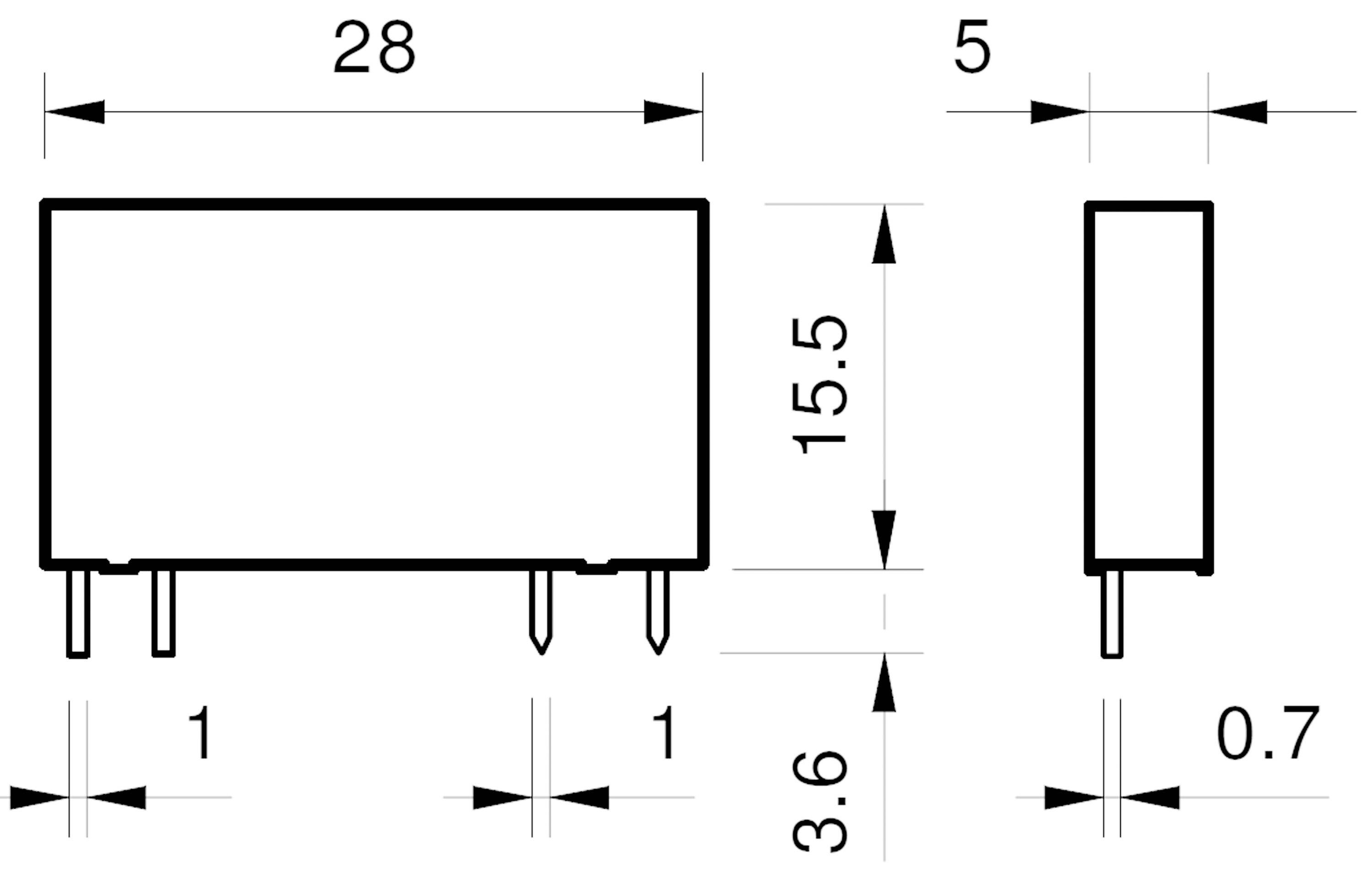 Rechteckiges elektronisches Bauteil mit Maßen: Länge 28 mm, Höhe 15,5 mm, Breite 5 mm. Beinlängen 3,6 mm, Beinabstände 1 mm.