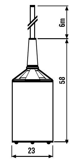 Ein technisches Diagramm zeigt ein zylindrisches Objekt mit einer Gesamthöhe von 64 Einheiten und einer Breite von 23 Einheiten.