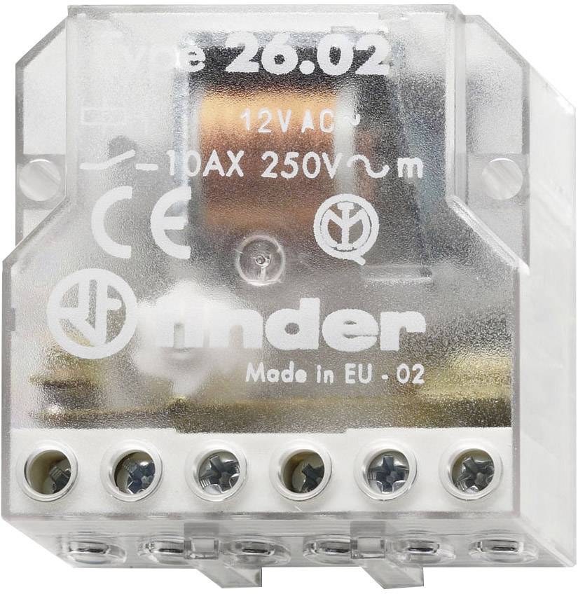 Transparente elektrische Komponente mit der Aufschrift 'Finder 26.02', '12V AC', '10AX 250V' und 'Made in EU', mit Anschlüssen unten.