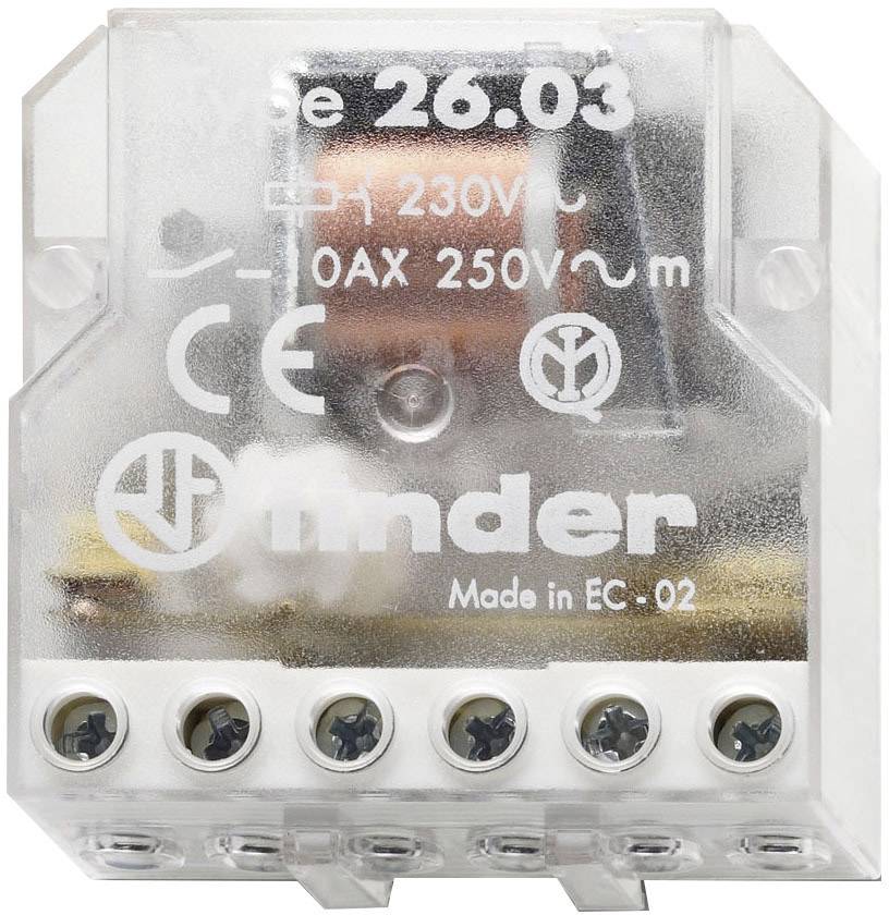 Ein durchsichtiges elektrisches Relais von Finder, Modell 26.03, für 230 V und 10 A mit Schraubklemmen und CE-Kennzeichnung.
