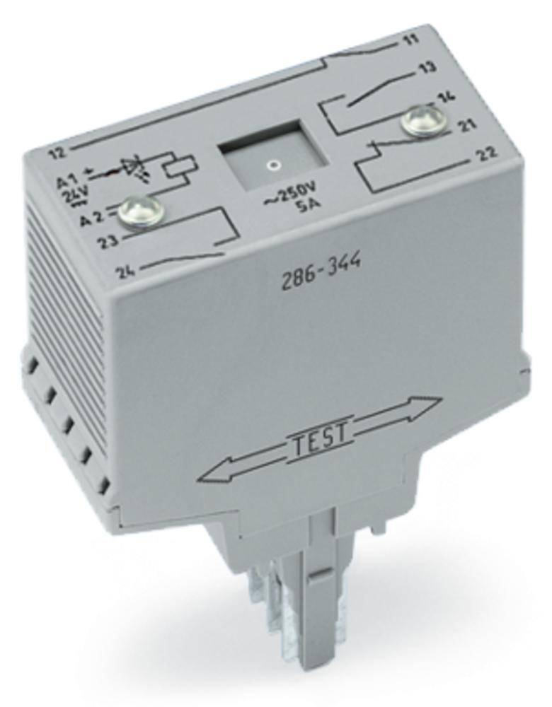 Ein graues Elektroteil mit mehreren Anschlüssen und einem Schalter, gekennzeichnet mit 'TEST', für Spannungen bis ~250V und 5A.