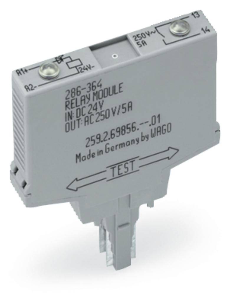 Relaismodul mit Spezifikationen 'IN: DC 24V, OUT: AC 250V/5A', hergestellt in Deutschland.