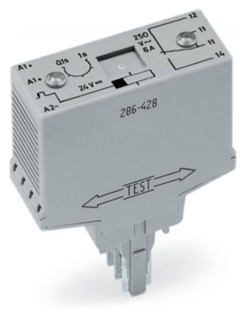 Ein graues, rechteckiges elektrisches Bauteil mit Markierungen für Spannung (24V), Strom (6A) und einen TEST-Knopf in der Mitte.