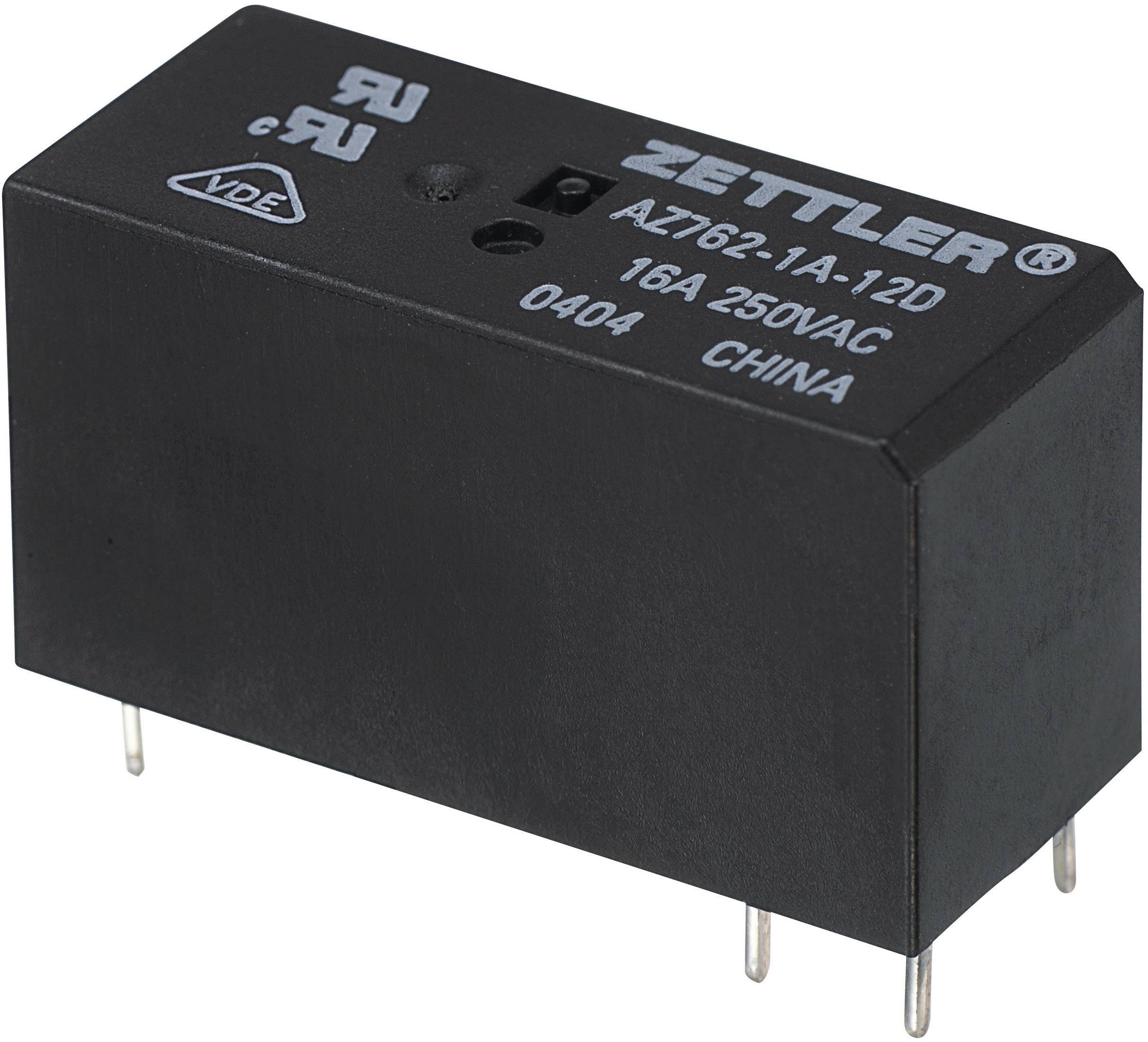 'Zettler AZ762-1A-12D' schwarzes Relais mit vier Pins, 16A 250VAC, hergestellt in China, Modellnummer auf der Oberseite bedruckt.