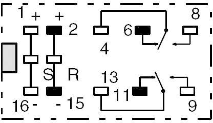 Schaltplan eines Relais mit Anschlüssen und Schaltkontakten. Zahlen kennzeichnen die Anschlüsse, Symbole zeigen Schaltfunktionen.