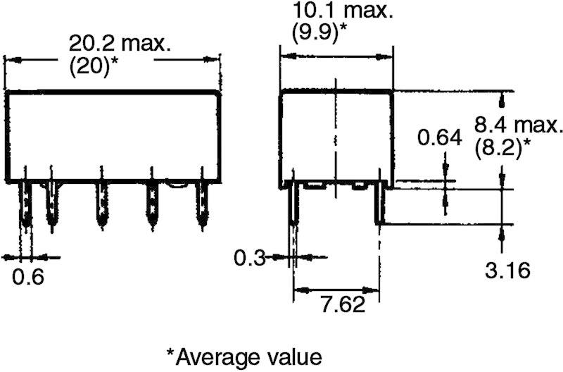 Technische Zeichnung eines elektronischen Bauteils, zeigt Maße: 20,2 mm Länge, 10,1 mm Breite, 8,4 mm Höhe. Sternchen kennzeichnet Durchschnittswerte.