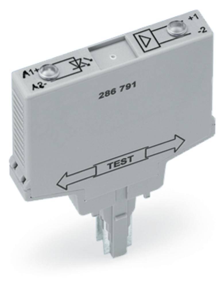 Graues, rechteckiges elektronisches Gerät mit Schraubklemmen, Pfeilsymbolen und einer Testmarkierung.