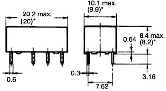 Abmessungsdiagramm eines elektronischen Bauteils mit spezifischen Längenangaben in Millimetern, inklusive Pins und Gehäusemaße.