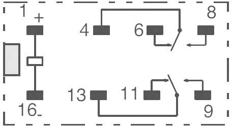 Elektrischer Schaltplan mit Klemmen 1 bis 16, zeigt Verbindungen zwischen nummerierten Kontakten für Relaissteuerung.