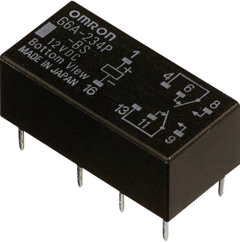 Ein schwarzes Omron-Relais G6A-234P mit 8 Stiften. Aufschrift zeigt Schaltplan, '12 VDC', und 'Made in Japan'.