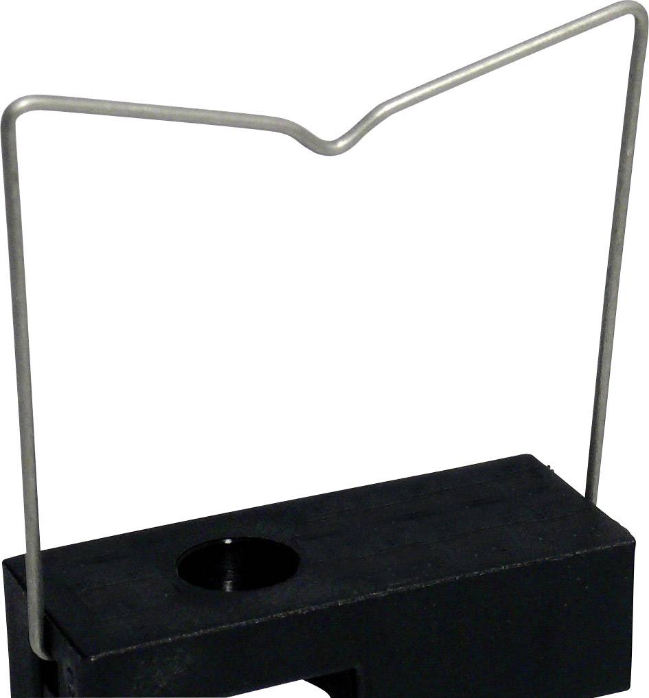 Eine schwarze Bauteilklemme mit einem umgekehrten U-förmigen Metallbügel zur sicheren Befestigung oder Kontakt in elektronischen Anwendungen.