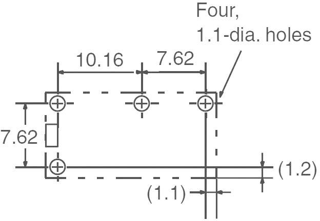 Technische Zeichnung mit vier Löchern, Durchmesser 1,1. Maße: 10,16 cm und 7,62 cm. Linien markieren Position und Abstände der Löcher.