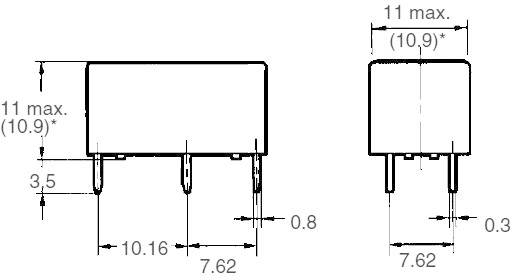 Technische Zeichnung eines Elektronikbauteils mit Abmessungen: Breite 10,16 mm, Höhe 11 mm, Tiefe 7,62 mm.