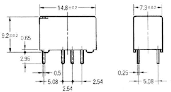 Technische Zeichnung von zwei rechteckigen elektronischen Bauteilen mit Maßen. Links: 14,8 x 9,2 mm, rechts: 7,3 x 5 mm.