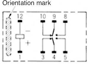 Schaltplan eines elektrischen Bauteils mit Kennzeichnung der Pin-Nummern (1-12) und Polarität. Markierung für Ausrichtung links.