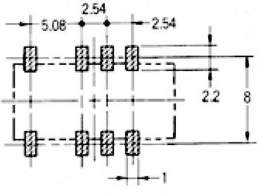Technische Zeichnung eines elektronischen Bauelements, wahrscheinlich eines Chips, mit Abmessungen in Millimetern.