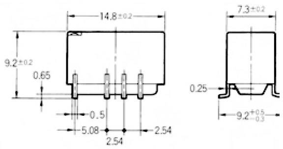Elektronisches Bauteil mit Abmessungen: Länge 14,8 mm, Höhe 9,2 mm, Breite 7,3 mm. Anschlussstifte haben spezifische Abstände.