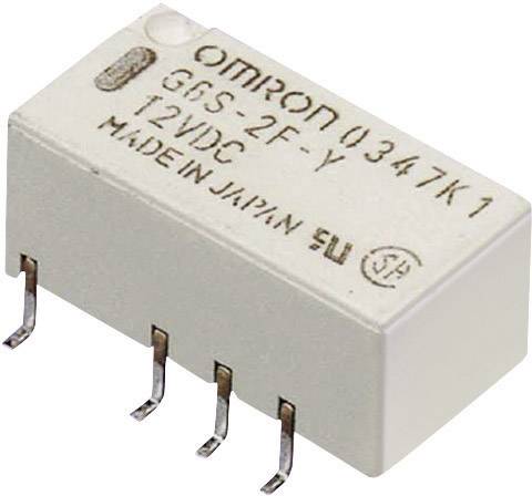 Relaisbauteil mit Aufschrift 'OMRON G6S-2F-Y 12VDC MADE IN JAPAN'. Enthält sechs Metallkontakte.