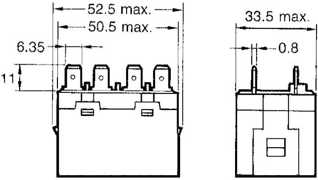 Technische Zeichnung eines elektrischen Bauteils mit Maßen: Breite 52,5 mm, Höhe 33,5 mm, Tiefe 6,35 mm.