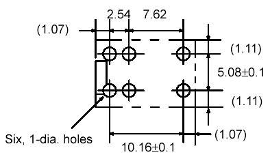 Technische Zeichnung eines rechteckigen Lochmusters mit sechs Löchern. Maße: 2,54 cm, 7,62 cm, 10,16 cm. Toleranzen stehen daneben.