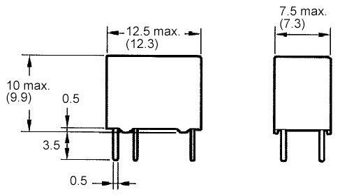 Ein Diagramm mit den Abmessungen eines elektrischen Bauteils: Höhe 10 mm, Breite 12,5 mm, Tiefe 7,5 mm. Pins sind 0,5 mm lang.