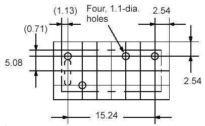 Diagramm einer rechteckigen Platte mit vier Löchern (1,1 Durchmesser). Maße: 15,24 Breite, 5,08 Höhe, Bohrungsabstände angegeben.