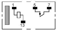Zwei quadratische Schaltpläne: Links zeigt '1', '13', rechts zeigt '5', '7' mit Linie dazwischen. Rechteck links außen.
