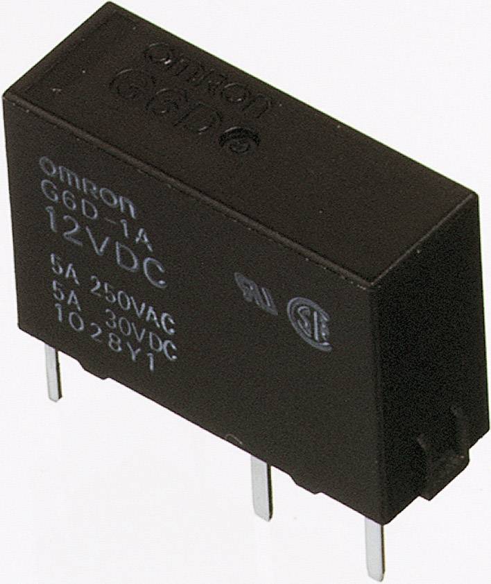 Schwarzes Relais mit Aufschrift 'Omron G6D 12VDC', zeigt technische Spezifikationen. Elektronische Komponente mit drei Metallpins.