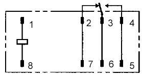 Elektroschaltplan eines Relais, zeigt Verbindungen zwischen den Kontakten 1, 2, 3, 4, 5, 6, 7 und Spule 8.