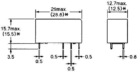 Abbildung eines elektronischen Bauteils mit spezifischen Abmessungen: Breite, Höhe und Pinlängen in Millimetern angegeben.