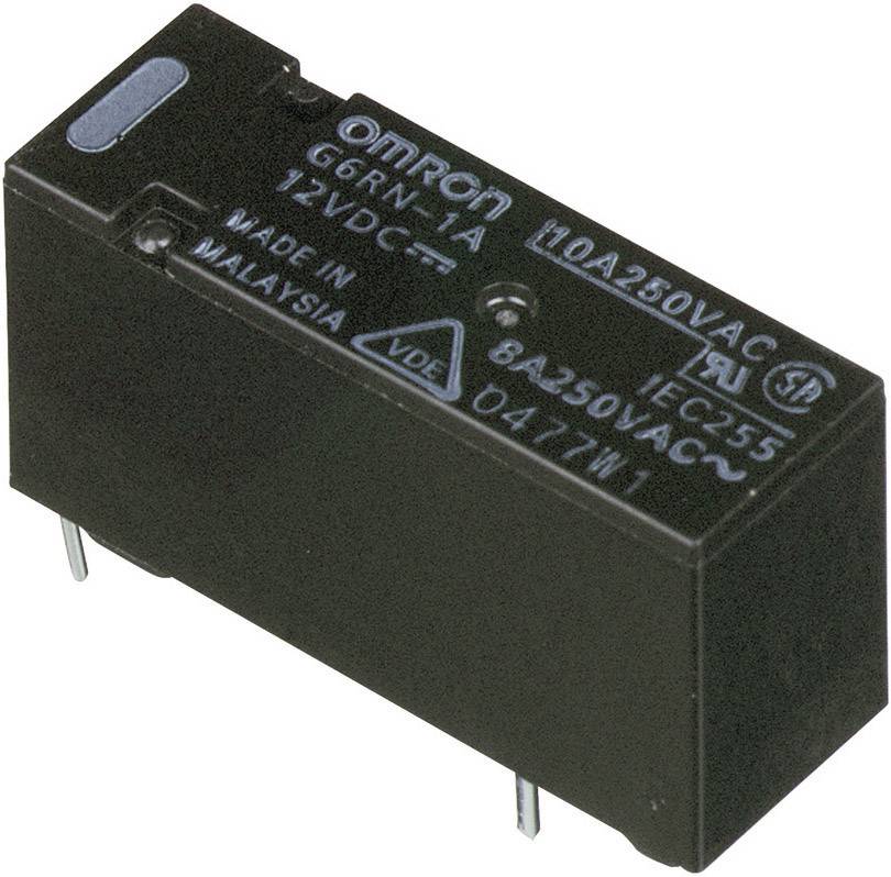 Ein rechteckiges schwarzes Relais mit der Aufschrift 'Omron G6RN-1A 12VDC 10A 250VAC'. Zeigt technische Spezifikationen und Herkunftsland.