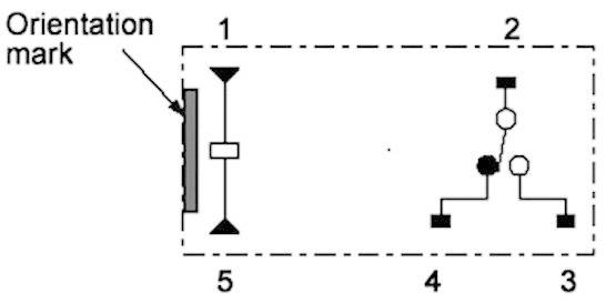 Diagram eines elektrischen Schalters mit fünf Anschlussstellen, nummeriert von 1 bis 5. Ein Orientierungspunkt links markiert.