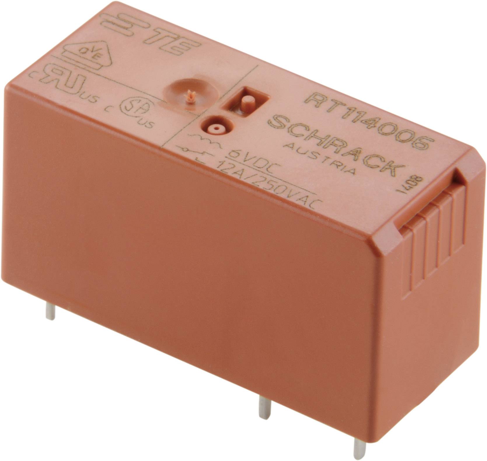 Ein rechteckiges oranges Relais mit der Aufschrift 'SCHRACK' und technischen Spezifikationen für elektrische Anwendungen.