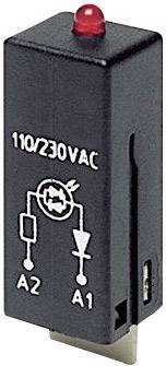 Ein schwarzes Relais mit roter LED zeigt die Beschriftung '110/230VAC' und ein Schaltsymbol zwischen den Pins A1 und A2.