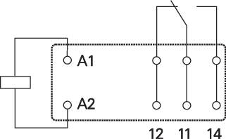 Diagramm eines elektrischen Schalters mit den Anschlüssen A1, A2, 11, 12, und 14, verbunden durch Linien, die den Schaltkreis darstellen.
