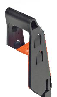 Schwarzer Kunststoffgriff mit strukturierter Oberfläche an einem orangefarbenen Hintergrund.