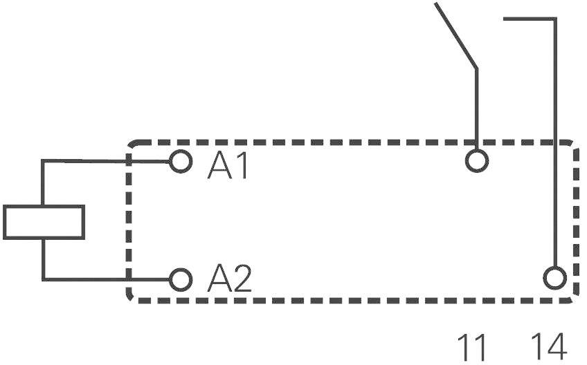Schaltskizze eines Relais mit Spulenanschlüssen A1 und A2 sowie Schaltkontakten 11 und 14.