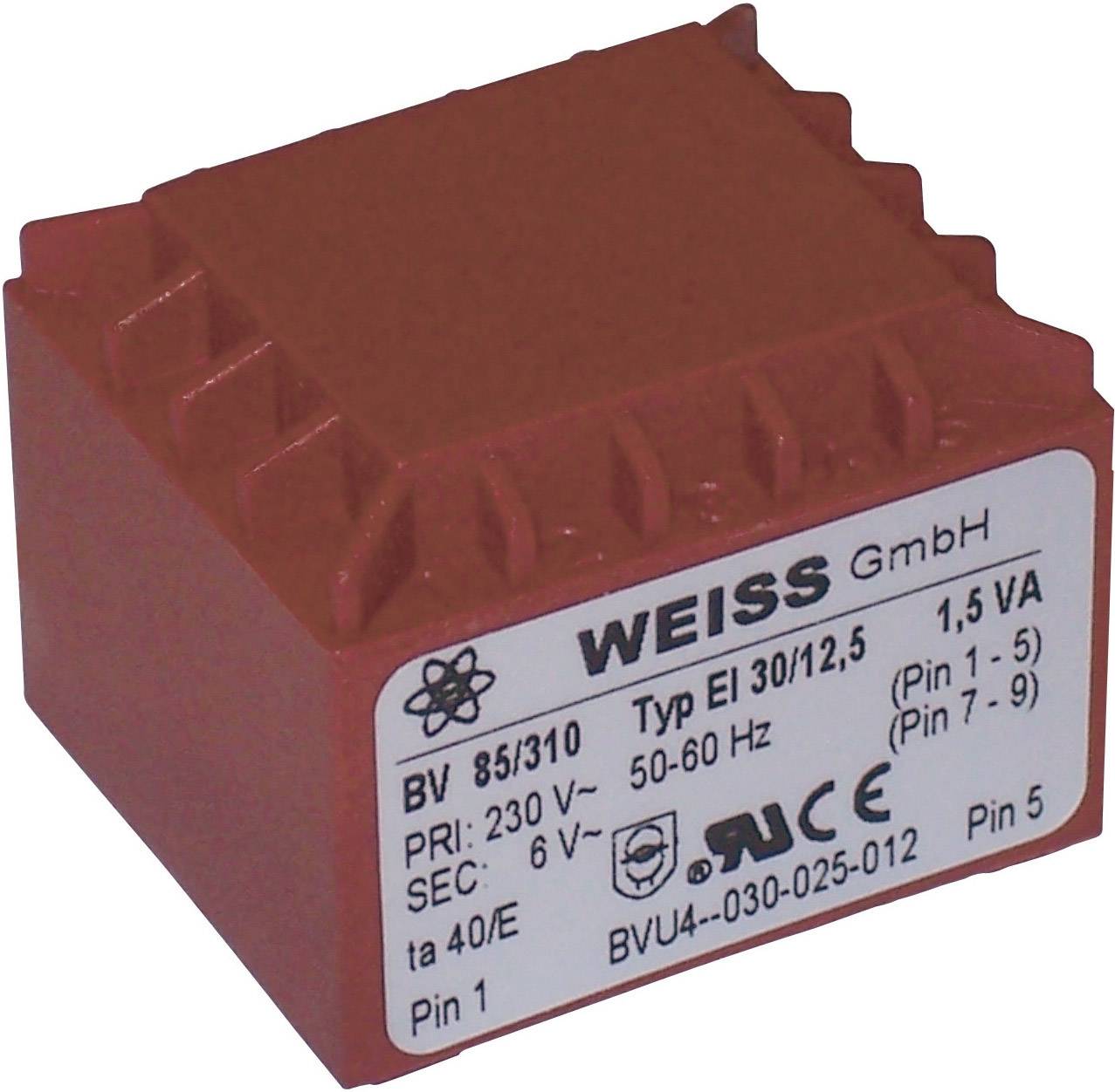 Roter Transformator mit Aufschrift 'WEISS GmbH', 230V Primärspannung, 6V Sekundärspannung, 1,5VA Leistung, Typ EI 30/12,5.